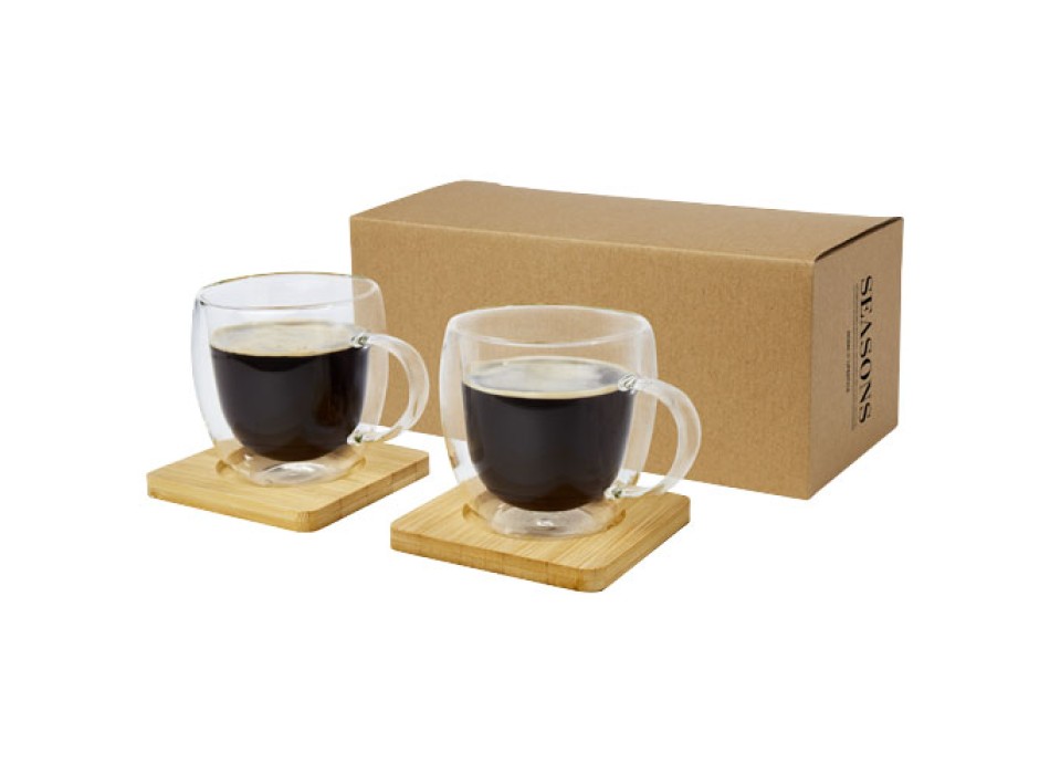 Set di 2 tazze in vetro a doppia parete da 250 ml con sottobicchiere in bambù Manti 