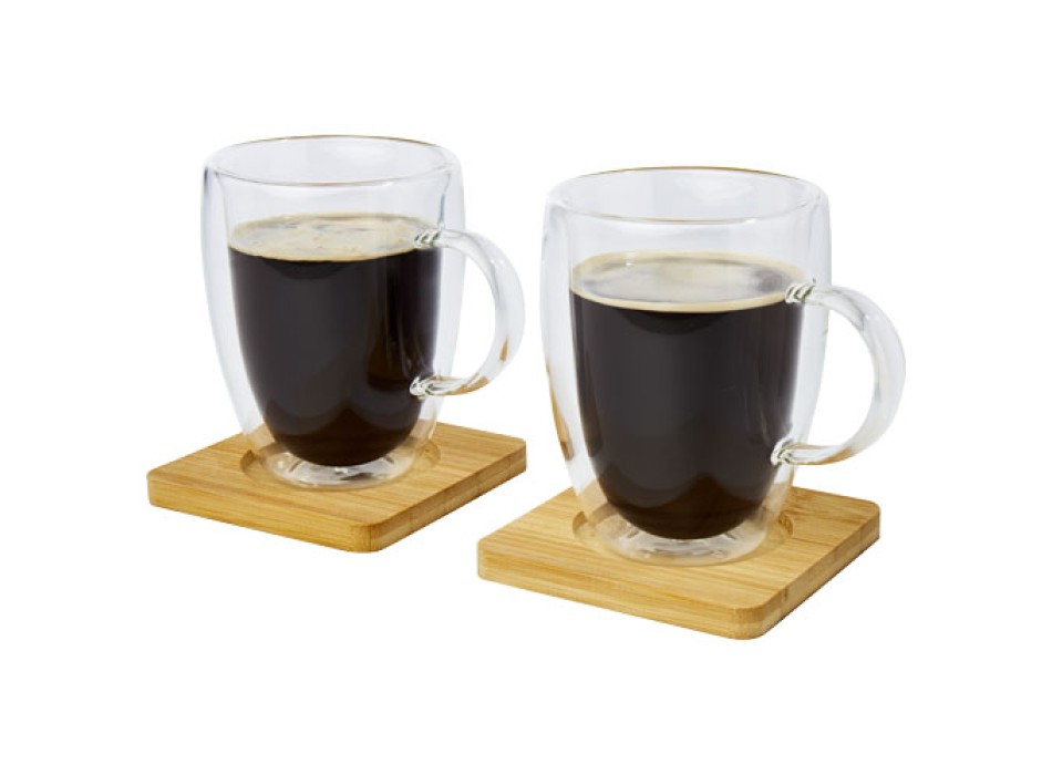 Set di 2 tazze in vetro a doppia parete da 350 ml con sottobicchiere in bambù Manti 