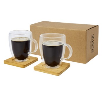 Set di 2 tazze in vetro a doppia parete da 350 ml con sottobicchiere in bambù Manti 