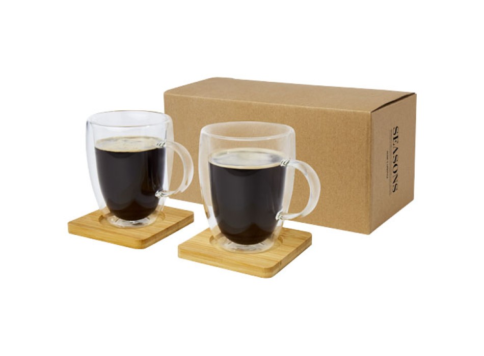 Set di 2 tazze in vetro a doppia parete da 350 ml con sottobicchiere in bambù Manti 