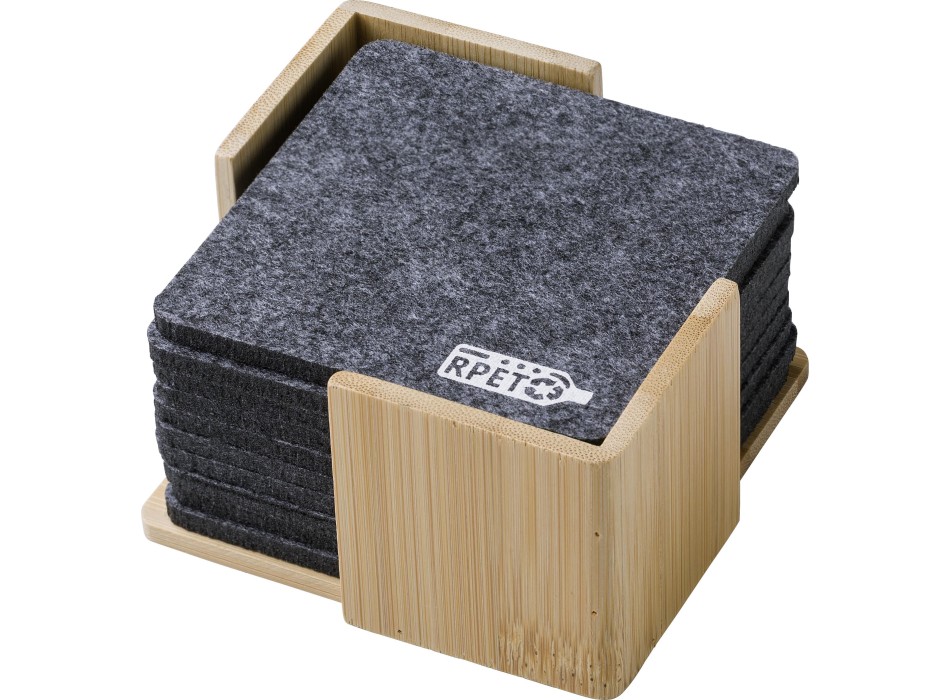 Set sottobicchieri in feltro rPET con custodia in bambù Lawrence