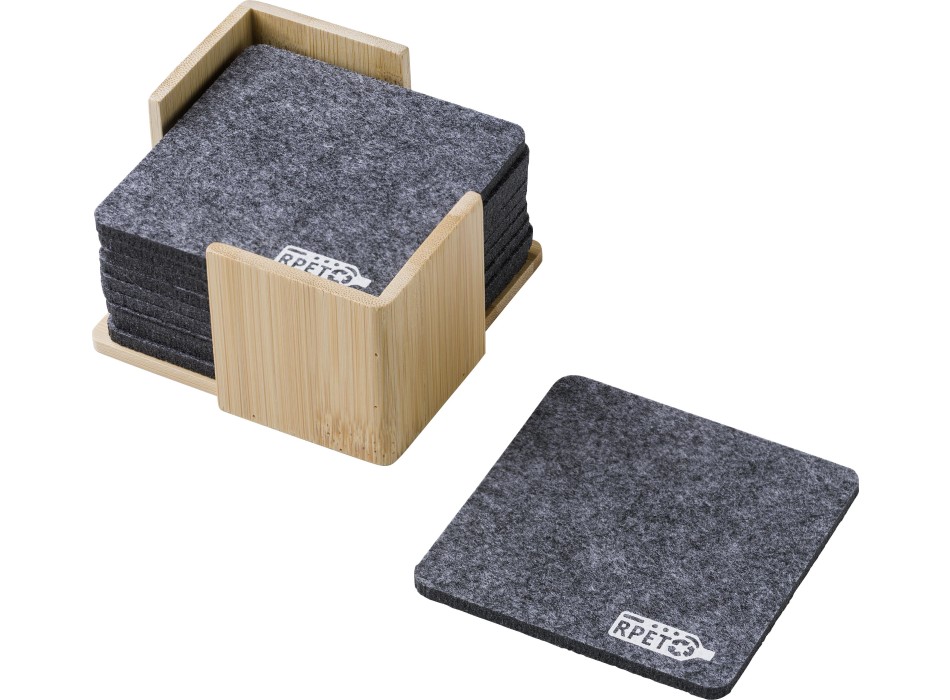 Set sottobicchieri in feltro rPET con custodia in bambù Lawrence