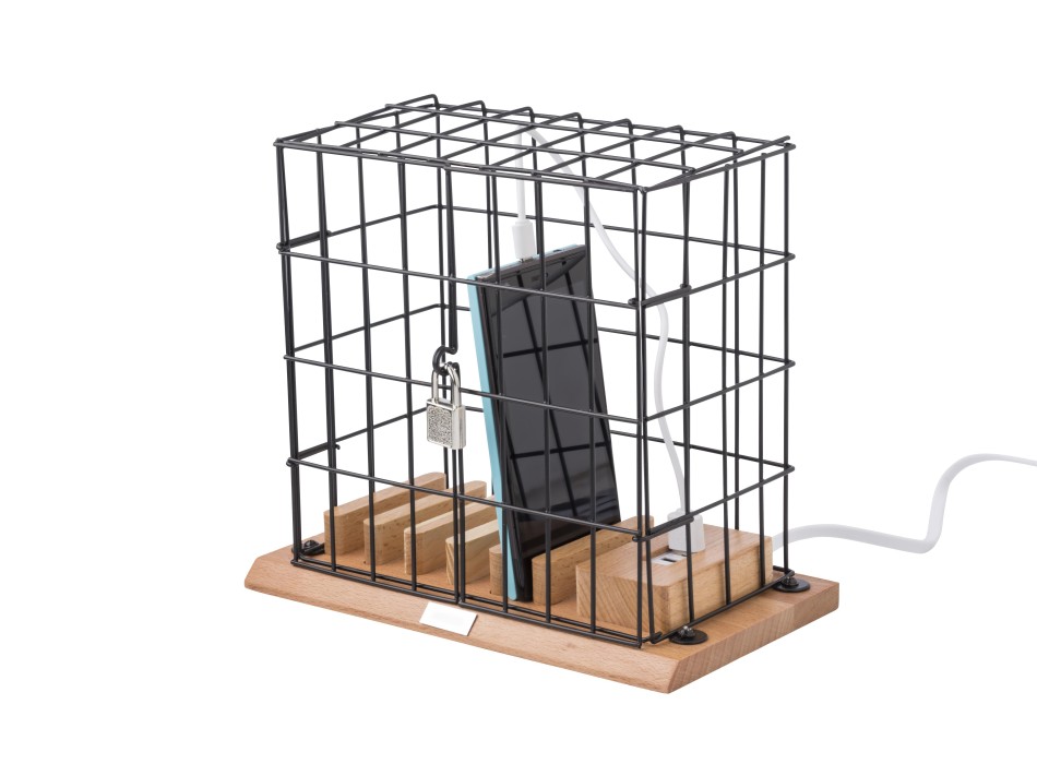 Supporto per smartphone in gabbia, in legno ed alluminio Adam